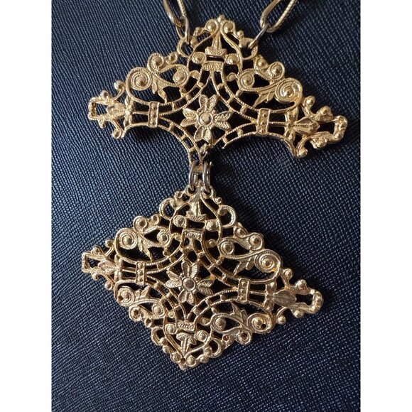 Vintage Gold-Tone Filigree Pendant Necklace With Double Cross Unique - Picture 2 of 15